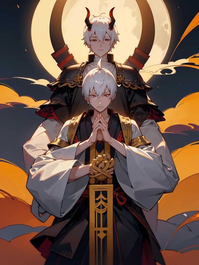 Buddha, evil eye, horn, white short hair, black armor,, man, full moon, hands together in prayer, Zen meditation Torii Buddha Crazy eyes Horns White short hair Black armor Male Full moon Prayer hands Zen meditation Golden lion Torii