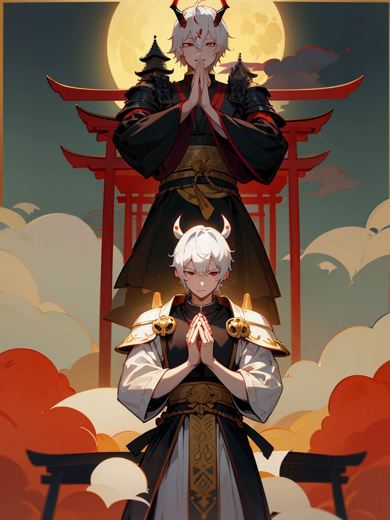 Buddha, evil eye, horn, white short hair, black armor,, man, full moon, hands together in prayer, Zen meditation Torii Buddha Crazy eyes Horns White short hair Black armor Male Full moon Prayer hands Zen meditation Golden lion Torii