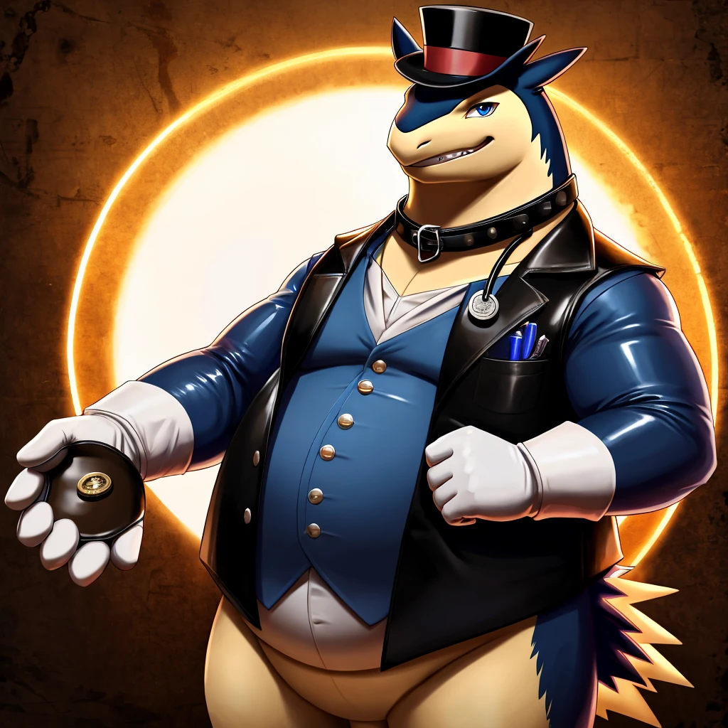 Solo, Male, fat, extremely obese, gentleman, dapper Doctor Typhlosion, blue eyes, (posing:1.3), (soft shading), 4k, hi res, ((detailed face, detailed)), looking at viewer, mouth wide open, steampunk, collared shirt with buttons, top hat, male focus, Explorer Outfit, glasses, monocle, vest with buttons, sleeves rolled up, round eyewear, brown headwear, brown vest, Doctor Typhlosion is wearing a glossy leather dog collar around the neck, Doctor Typhlosion is wearing the leather collar and shirt and vest at the same time, Doctor Typhlosion is wearing glossy white rubber gloves on the hands, wearing white rubber gloves on the feet, gloves are rubber in texture, clenching teeth, clenching fists, leather collar is glossy and shiny with a lot of detail, Doctor Typhlosion is wearing gloves and leather collar at the same time, leather collar has a round dog-tag, leather collar is thick and detailed, leather collar is glossy and shiny, fancy clothing, dapper vest, dapper shirt, leather collar is thick, glossy leather collar, steampunk doctor.
