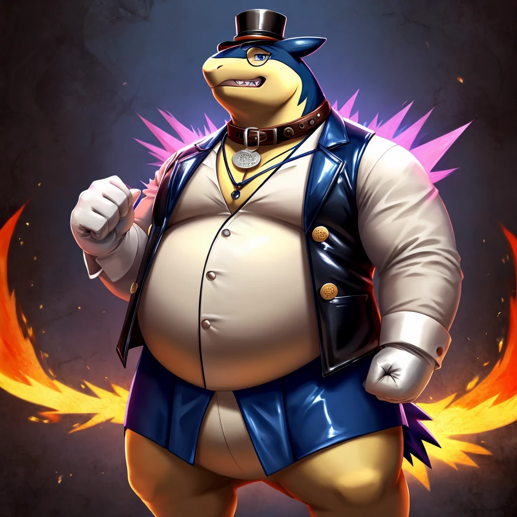 Solo, Male, fat, extremely obese, gentleman, dapper Doctor Typhlosion, blue eyes, (posing:1.3), (soft shading), 4k, hi res, ((detailed face, detailed)), looking at viewer, mouth wide open, steampunk, collared shirt with buttons, top hat, male focus, Explorer Outfit, glasses, monocle, vest with buttons, sleeves rolled up, round eyewear, brown headwear, brown vest, Doctor Typhlosion is wearing a glossy leather dog collar around the neck, Doctor Typhlosion is wearing the leather collar and shirt and vest at the same time, Doctor Typhlosion is wearing glossy white rubber gloves on the hands, wearing white rubber gloves on the feet, gloves are rubber in texture, clenching teeth, clenching fists, leather collar is glossy and shiny with a lot of detail, Doctor Typhlosion is wearing gloves and leather collar at the same time, leather collar has a round dog-tag, leather collar is thick and detailed, leather collar is glossy and shiny, fancy clothing, dapper vest, dapper shirt, leather collar is thick, glossy leather collar, steampunk doctor.