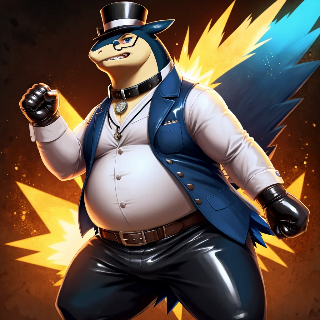 Solo, Male, fat, extremely obese, gentleman, dapper Doctor Typhlosion, blue eyes, (posing:1.3), (soft shading), 4k, hi res, ((detailed face, detailed)), looking at viewer, mouth wide open, steampunk, collared shirt with buttons, top hat, male focus, Explorer Outfit, glasses, monocle, vest with buttons, sleeves rolled up, round eyewear, brown headwear, brown vest, Doctor Typhlosion is wearing a glossy leather dog collar around the neck, Doctor Typhlosion is wearing the leather collar and shirt and vest at the same time, Doctor Typhlosion is wearing glossy white rubber gloves on the hands, wearing white rubber gloves on the feet, gloves are rubber in texture, clenching teeth, clenching fists, leather collar is glossy and shiny with a lot of detail, Doctor Typhlosion is wearing gloves and leather collar at the same time, leather collar has a round dog-tag, leather collar is thick and detailed, leather collar is glossy and shiny, fancy clothing, dapper vest, dapper shirt, leather collar is thick, glossy leather collar, steampunk doctor.