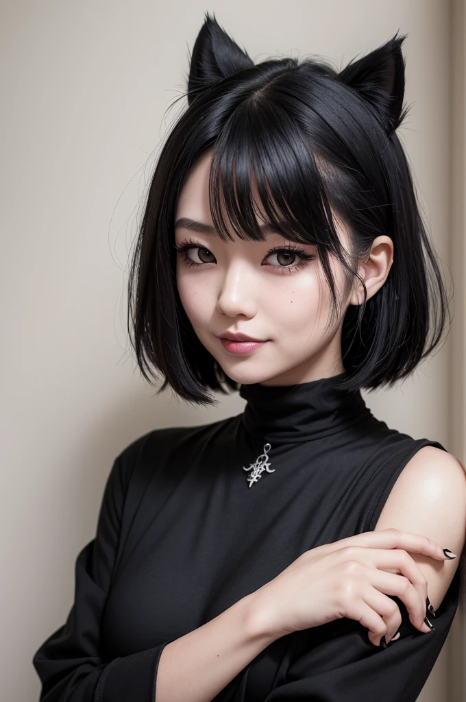 A young Japanese woman with black hair, (gothic makeup)), round and flushed cheeks, wearing a black shirt. She stands in front of a white wall, looking at the camera with a smiling expression. The woman's hair is styled in a way that highlights her cheeks, and she appears to be looking directly into the camera lens. The close-up photo captures her facial features and full cheeks and expression, creating a sense of surprise and focus on her appearance (goth), (kitten tattoo on left arm), a mole below her right eye.