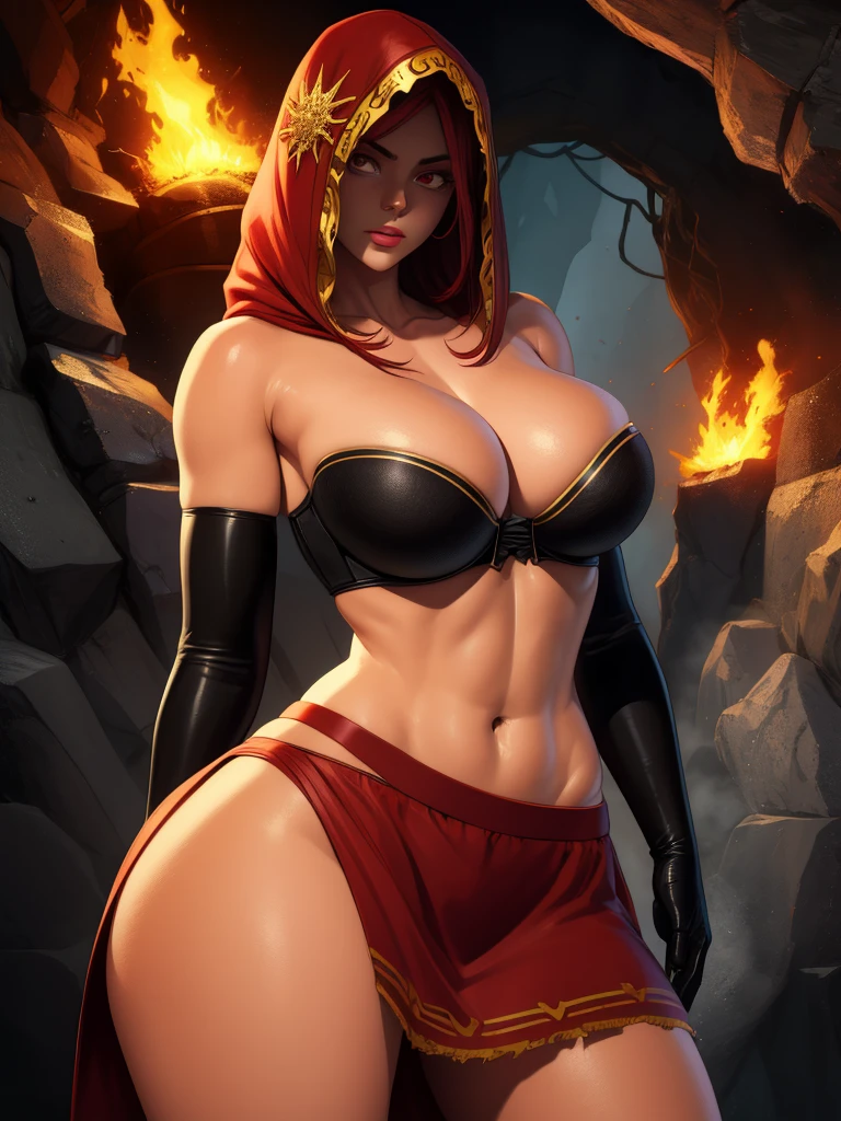 Dsorceress, redhair, shadowy face,dark cave, fire, hood, shadowed face, strapless bra, slim and athletic body, miniskirt, no panty, elbow gloves, dark skin, 1 girl (insanely detailed, masterpiece, best quality)