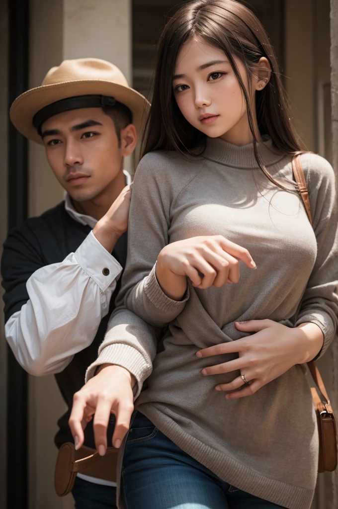 Man with hands on girl's head sitting on the floor, sucking his dick with cum dripping from her mouth