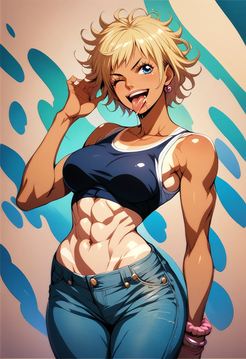 Gyaru girl, tan skin, short hair, messy hair, glossy lips, smile, open mouth, large lips, light blue eyes, winking, crop top, abs, jeans, wide hips, furrowed brows, tongue sticking out of her mouth, one piece swimsuit tan line, drooling