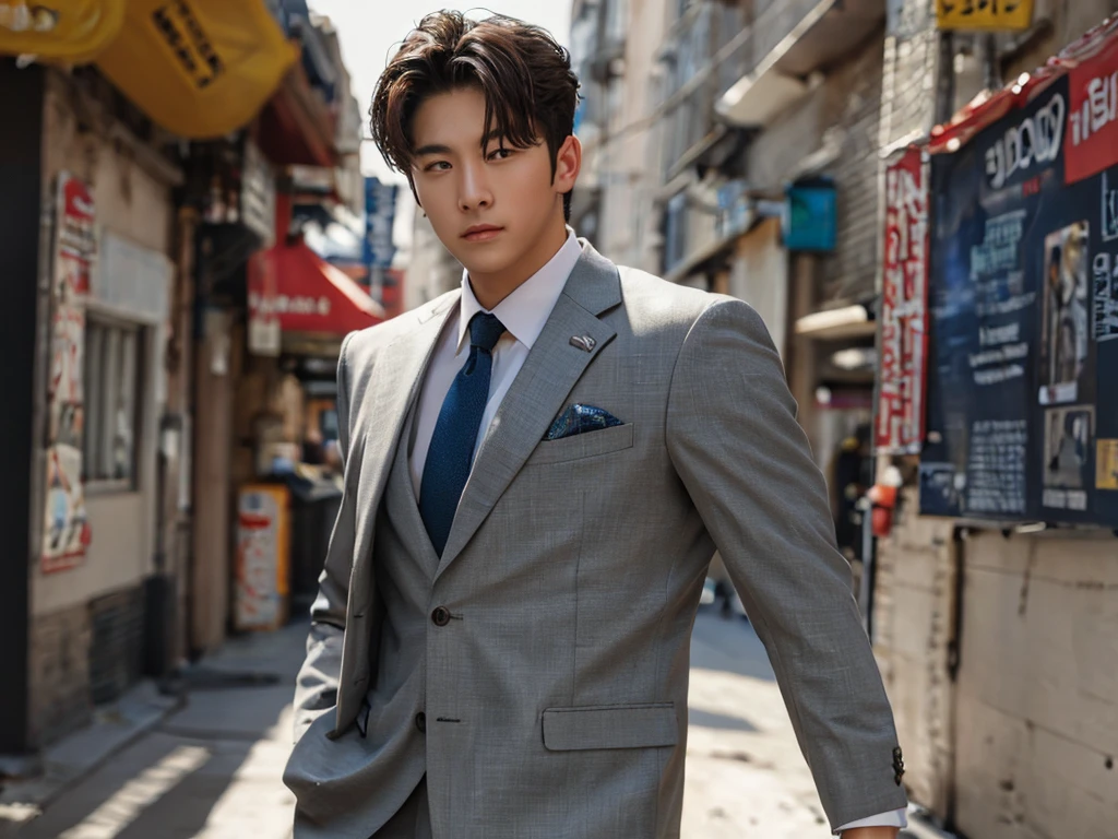 4K/ realistic picture/ Real amateur photos posted , A handsome guy, long eyebrows, Wear a neat suit, tough image, muscles in the arms