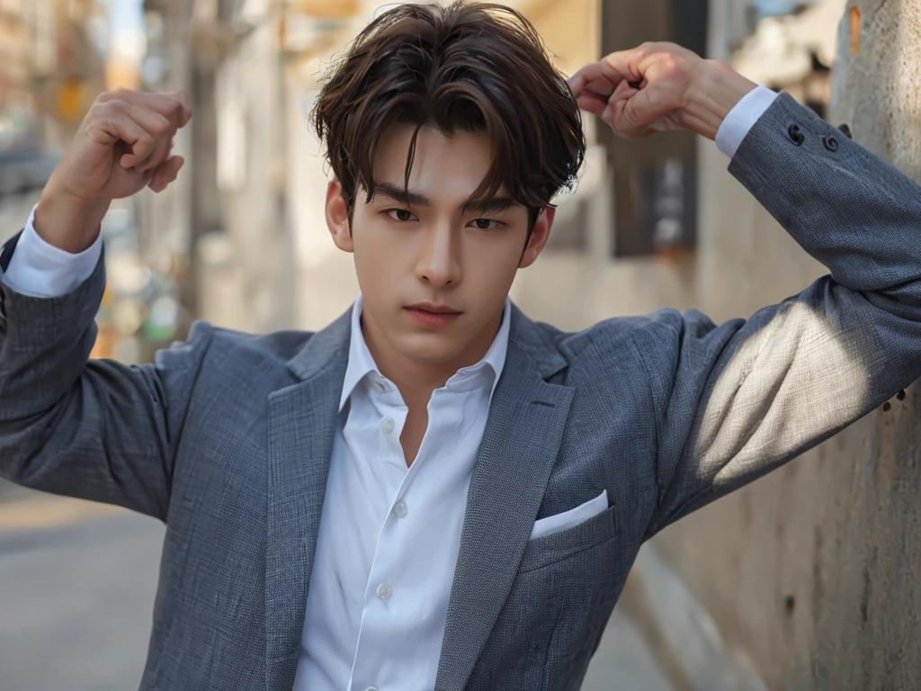 4K/ realistic picture/ Real amateur photos posted , A handsome guy, long eyebrows, Wear a neat suit, tough image, muscles in the arms