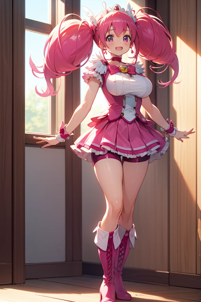 best quality, ultra-detail, masterpiece, anime, 1girl in, solo, cure happy, pink hair, (low twintails under large curled strand of hair), feather hair ornament, skirt. tiara, wrist cuffs, (pink shorts), pink shorts under skirt, boots, happy smile, (glossy fabric), cowboy shot, pink gemstones, standing, blush, (beautiful detailed eyes), extra detailed face, perfect lighting, extremely details CG, (perfect hands, perfect anatomy), shiny material, a pink ribbon, jewelry, latex shine,huge breasts