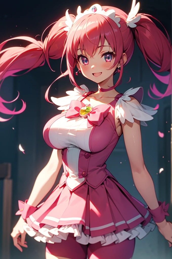 best quality, ultra-detail, masterpiece, anime, 1girl in, solo, cure happy, pink hair, (low twintails under large curled strand of hair), feather hair ornament, skirt. tiara, wrist cuffs, (pink shorts), pink shorts under skirt, boots, happy smile, (glossy fabric), cowboy shot, pink gemstones, standing, blush, (beautiful detailed eyes), extra detailed face, perfect lighting, extremely details CG, (perfect hands, perfect anatomy), shiny material, a pink ribbon, jewelry, latex shine,huge breasts