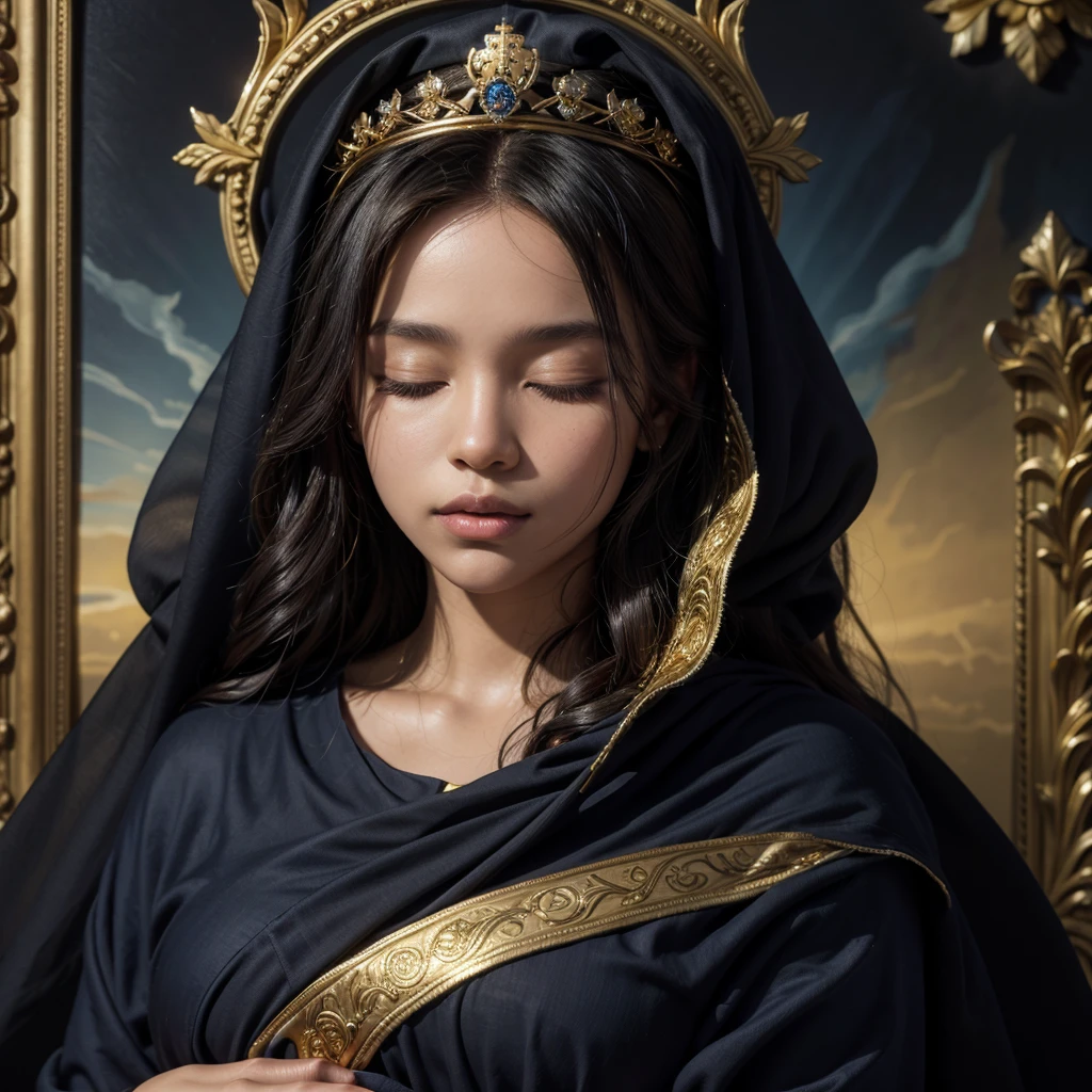 Painting of a black woman holding a bouquet of flowers in her hands, with a blanket and long veil on her head in dark blue colors, with details in pure gold, black features on her face and with her eyes closed, woman of a saint, Virgin Mary, with a crown on the golden head with a cross on top. Sky background in painting, with sunlight behind Portrait of Our Lady of Aparecida, Virgin Mary, Saint of beautiful gold, black skin, curly hair, female goddess, Catholic religious art, Catholic icon, queen of heaven, masterpiece , patron saint of Brazil.