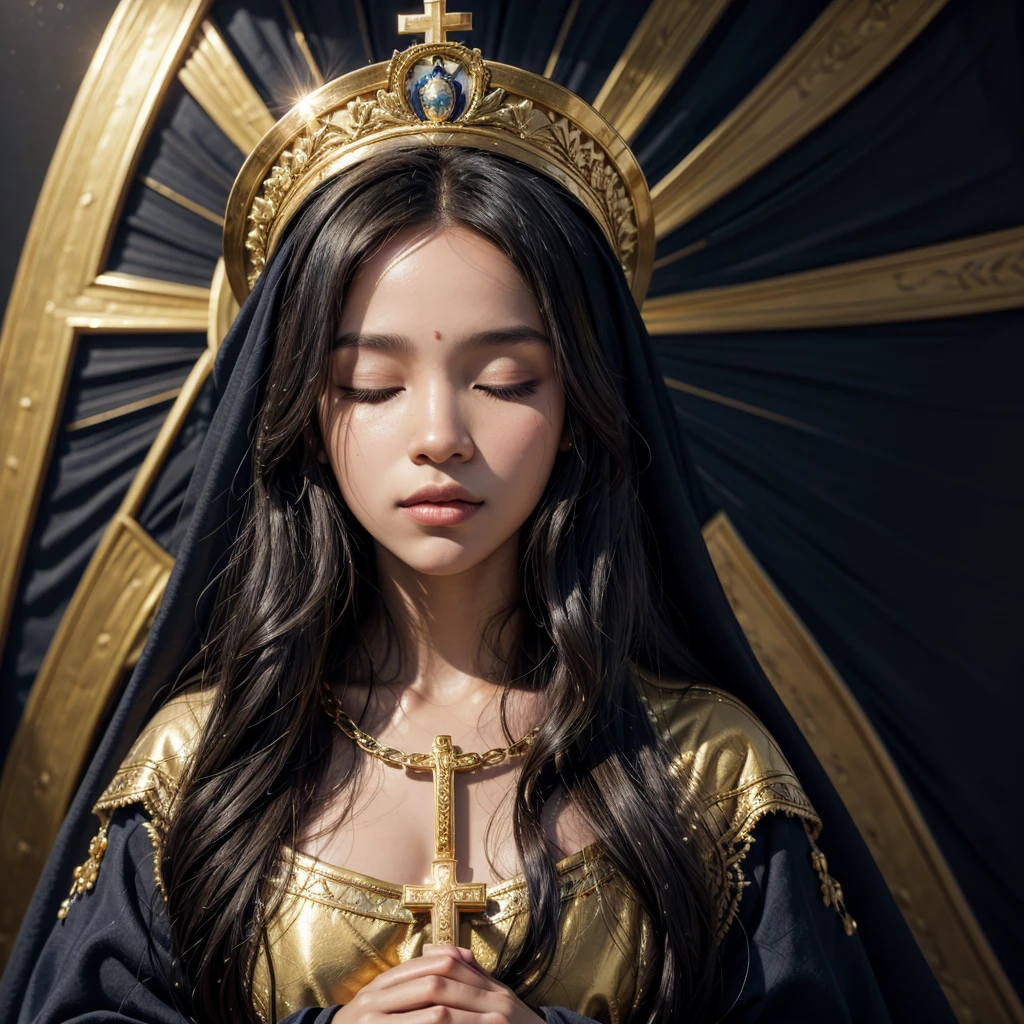 Painting of a black woman holding a bouquet of flowers in her hands, with a blanket and long veil on her head in dark blue colors, with details in pure gold, black features on her face and with her eyes closed, woman of a saint, Virgin Mary, with a crown on the golden head with a cross on top. Sky background in painting, with sunlight behind Portrait of Our Lady of Aparecida, Virgin Mary, Saint of beautiful gold, black skin, curly hair, female goddess, Catholic religious art, Catholic icon, queen of heaven, masterpiece , patron saint of Brazil.