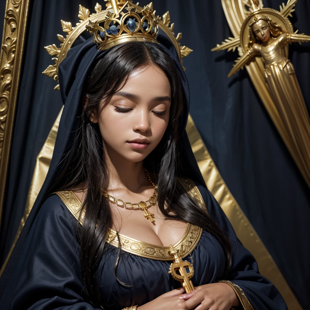 Painting of a black woman holding a bouquet of flowers in her hands, with a blanket and long veil on her head in dark blue colors, with details in pure gold, black features on her face and with her eyes closed, woman of a saint, Virgin Mary, with a crown on the golden head with a cross on top. Sky background in painting, with sunlight behind Portrait of Our Lady of Aparecida, Virgin Mary, Saint of beautiful gold, black skin, curly hair, female goddess, Catholic religious art, Catholic icon, queen of heaven, masterpiece , patron saint of Brazil.