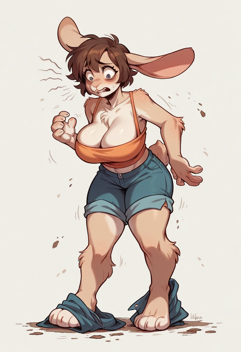 young woman, antromortph, transformation, sexly, big tits, full body, White background, worried, reluctantly, rabbit, hase, big breasts, fluffy, fell, soft, sweet nose