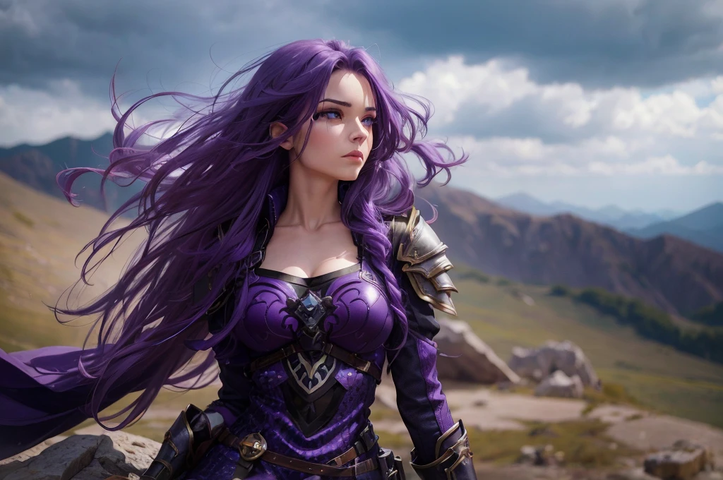 a one woman, purple hair, sitting on top of a very high mountain, cloudy sky, armour, little visible skin, leather trousers, beautiful breasts, rays on the horizon, epic scene, solemn countenance, Fantasy world, birds flying, detailedeyes, beautifuleyes, Crisp look.