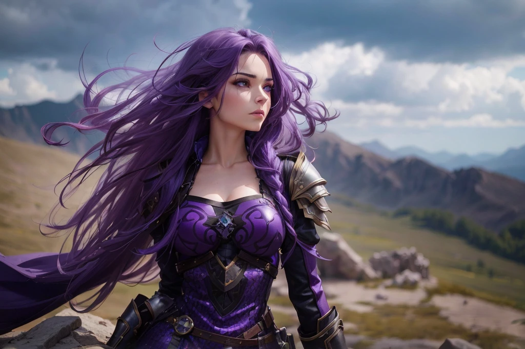 a one woman, purple hair, sitting on top of a very high mountain, cloudy sky, armour, little visible skin, leather trousers, beautiful breasts, rays on the horizon, epic scene, solemn countenance, Fantasy world, birds flying, detailedeyes, beautifuleyes, Crisp look.