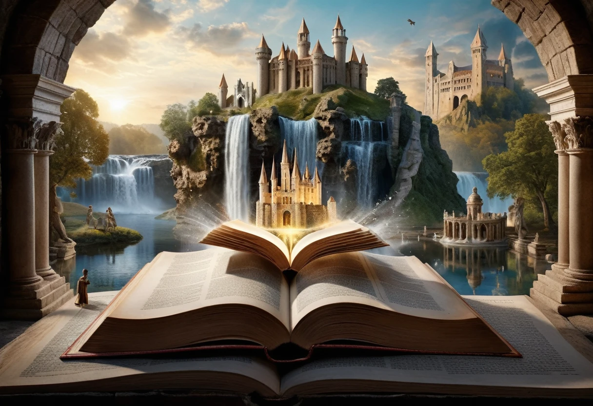 Hyperrealistic style of digital art, "Fairy Tale", a fantastic world coming out of a book in the center, an open book, a fantastic double-exposure illustration, a masterpiece, cinematic, against the background of an ancient castle with antique sculptures and a waterfall by Andreas Lee, Luke Graham, photorealism, illumination, magnificent light