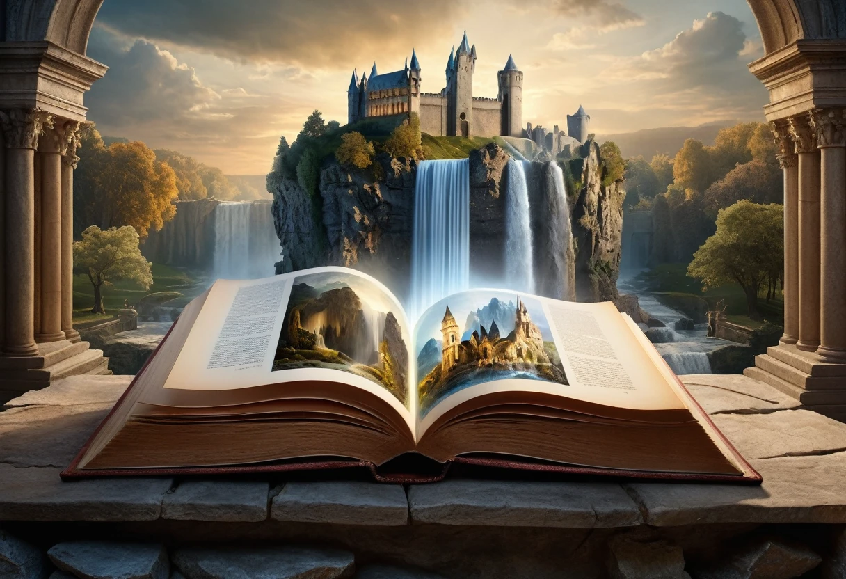 Hyperrealistic style of digital art, "Fairy Tale", a fantastic world coming out of a book in the center, an open book, a fantastic double-exposure illustration, a masterpiece, cinematic, against the background of an ancient castle with antique sculptures and a waterfall by Andreas Lee, Luke Graham, photorealism, illumination, magnificent light