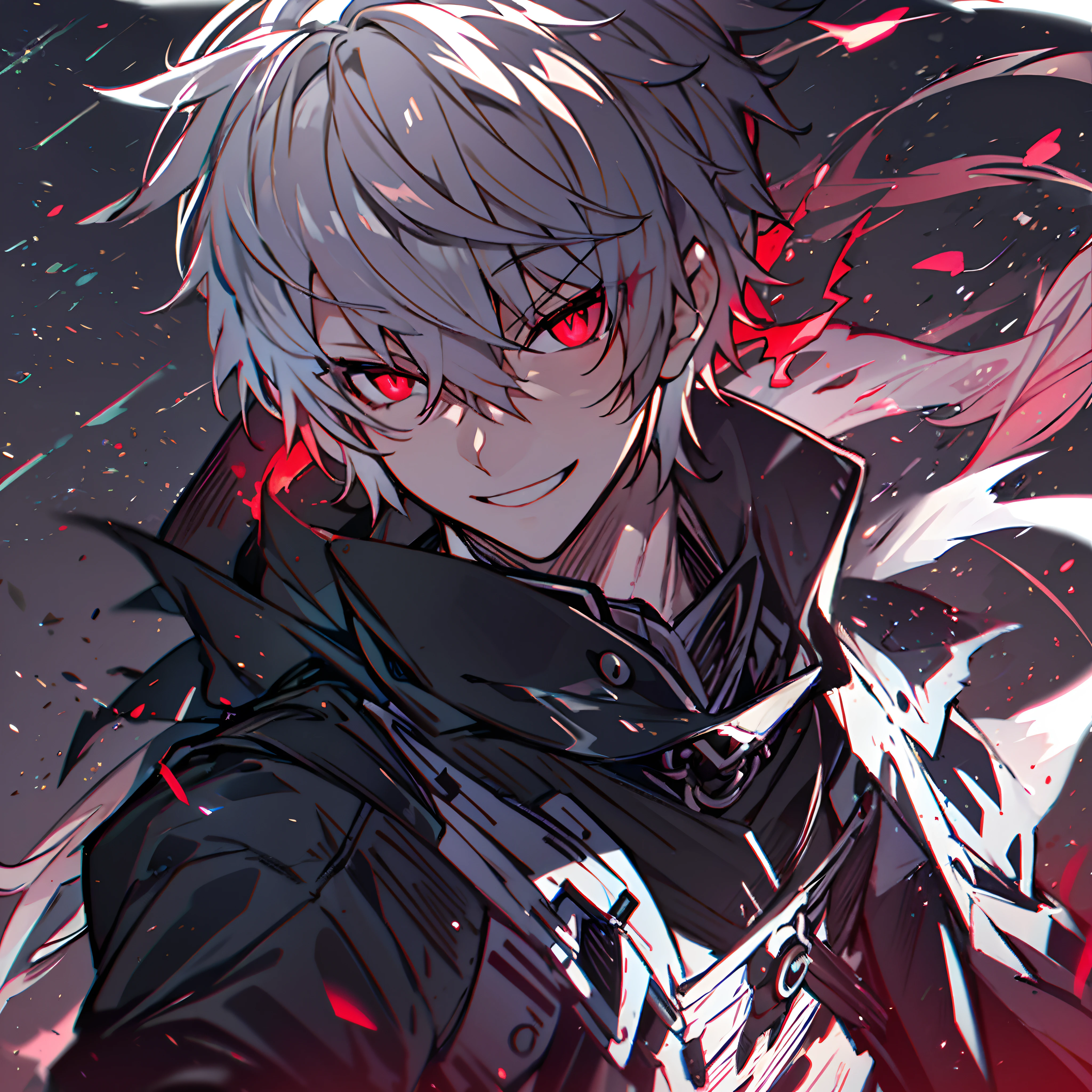 high resolution,point-blank、Anime boy with white hair and red eyes looking at camera, eerie glowing red eyes,Scrawny, dressed in a black outfit,Shadow Body,white-skinned,monochrome,Messy hair,aggressive smile、Diagonal angle
