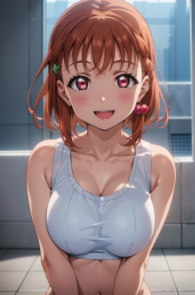 (((pixel perfect, Breasts Breasts Detail Perfect))), Solo, 1girl in, Chika Takami, uranohoshi, Looking at Viewer, Smile, :D、no-bra, white wearing tank top,upper body, big breasts
