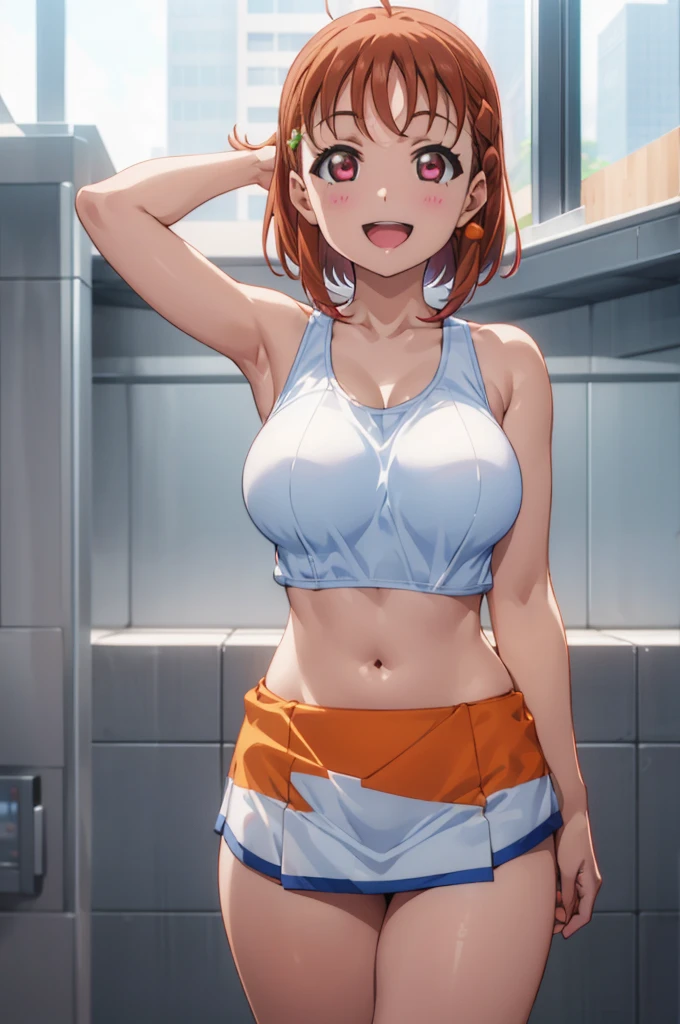 (((pixel perfect, Breasts Breasts Detail Perfect))), Solo, 1girl in, Chika Takami, uranohoshi, Looking at Viewer, Smile, :D、no-bra, white wearing tank top,upper body, big breasts