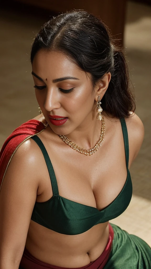 day scene, extreme close up photo of naked kiara from top view, hourglass figure, swooping breasts, deep cleavage, curvy, seductive, wide open mouth and moaning heavily self pleasure in classroom, closed eyes and pulling hair in pain, necklace, green saree, red lips, sultry, ponytail, (cinematic:1.3), intricate details, (ArtStation:1.2)