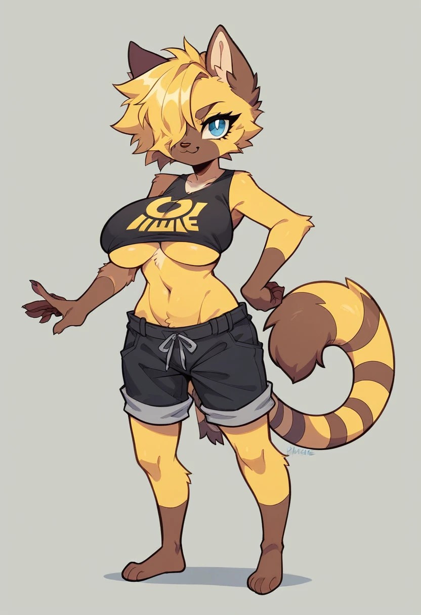 masterpiece, pumzie, ((yellow fur)), feline, light-brown fur on belly and breasts, large breasts, brown ears, (brow spot around left eye), blue eyes, striped tail, brown hands, standing straight, looking at viewer, full body, large breasts, silicone breasts, short hair, punk hairstyle, hair over one eye, round breasts, highest quality, best quality, ((yellow haircut)), black shorts, black top, cleavage, underboob, feline muzzle, brown nose, long muzzle, brown belly, brown breasts, smirk
...