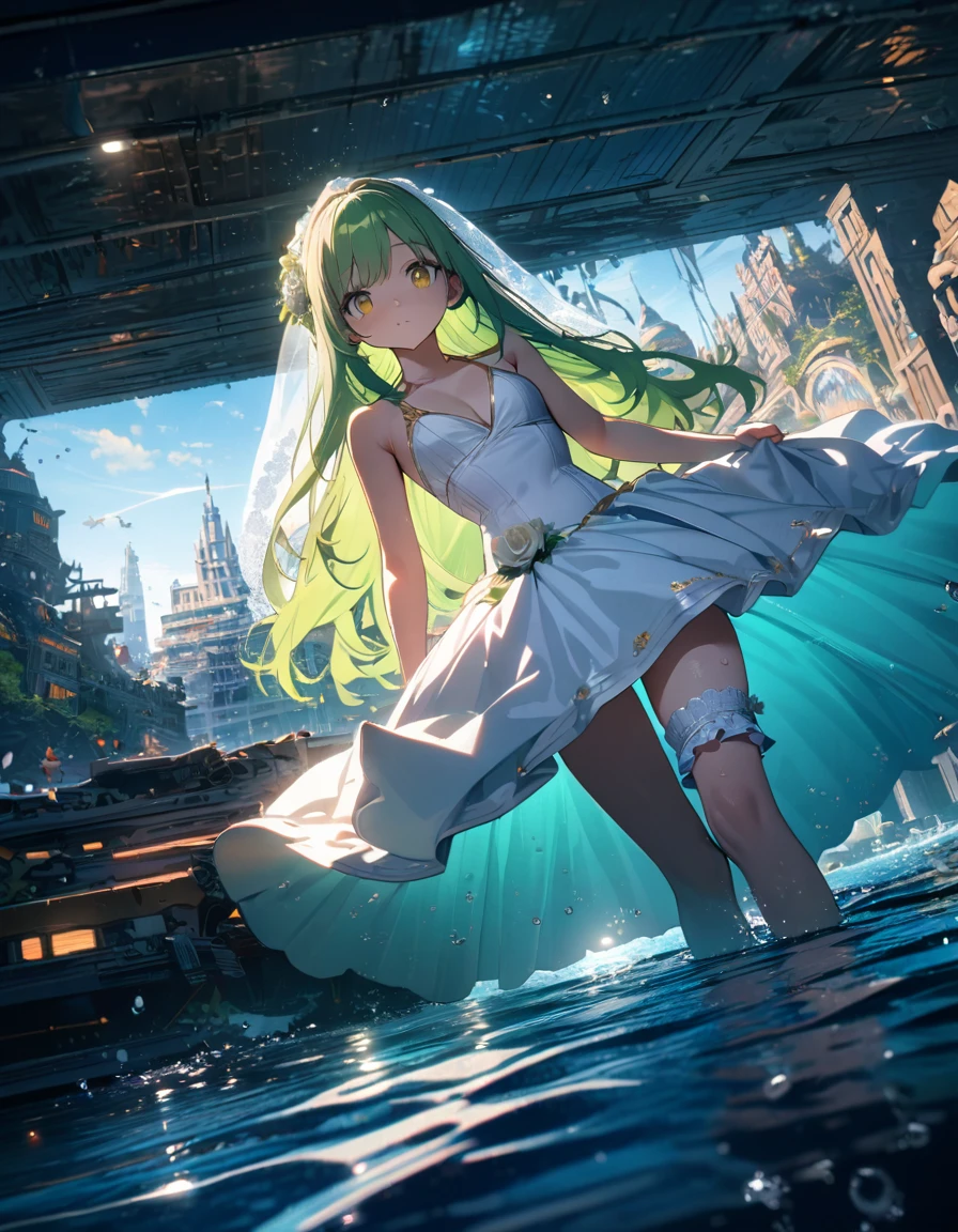 (8K, best quality, master piece: 1.2),super high resolution,1 girl,18yo,solo,ultra-detailed face,deep detailed eyes,gold eyes,(wedding dress,bikini:1.2),Bridal garter,green hair,green hair, long hair,(Butterfly stroke in clear sea),sunken ship,Cinema lighting,Wide Angle,underwater city