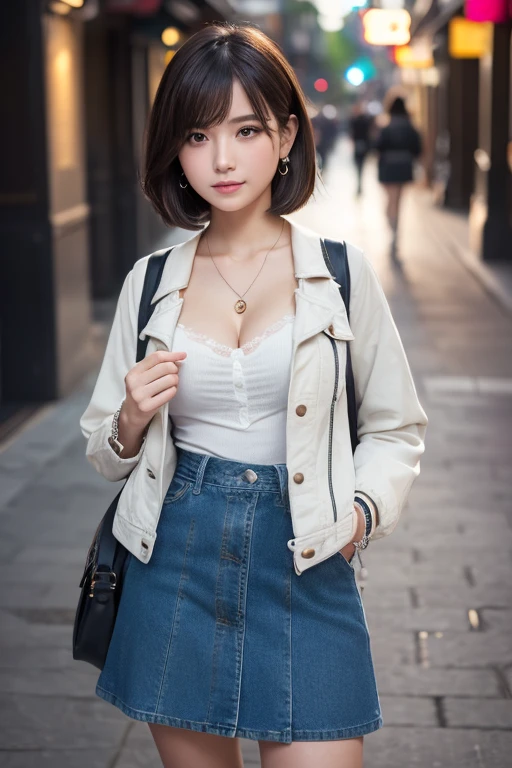 girl, White skin, ((Dark brown short tiered hair)), V cut with layers and bangs, Brown eyes, Soft atmosphere characteristics (Highest quality, Ultra-high resolution, 8K, RAW Photos, Ultra-high resolution: 1.2, masterpiece: 1.3), (Realistic, Realistic: 1.37), Very detailed, Professional Lighting, Photon Mapping, Radio City, 物理ベースレンダring, One Girl, （high school girl）, Sharp focus:1.2、Beautiful woman:1.4,cute, Nice, Adorable smile, Normal chest, Cross Necklace、Earrings、ring,(Cleavage)、((Dark brown short hair), (Streetscape, White blouse, Denim Jacket, skirt, rucksack, Have a smartphone, A slightly melancholy look)