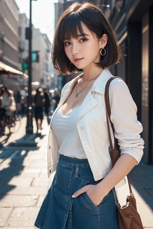 girl, White skin, ((Dark brown short tiered hair)), V cut with layers and bangs, Brown eyes, Soft atmosphere characteristics (Highest quality, Ultra-high resolution, 8K, RAW Photos, Ultra-high resolution: 1.2, masterpiece: 1.3), (Realistic, Realistic: 1.37), Very detailed, Professional Lighting, Photon Mapping, Radio City, 物理ベースレンダring, One Girl, (high school girl), Sharp focus:1.2、Beautiful woman:1.4,cute, Nice, Adorable smile, Normal chest, Cross Necklace、Earrings、ring,(Cleavage)、((Dark brown short hair), (Streetscape, White blouse, Denim Jacket, skirt, rucksack, Have a smartphone, A slightly melancholy look)