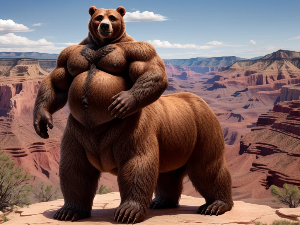 furry, fur taur, beartaur, middle-age, solo, detailed face, bear ears, bear eyes(brown), bear nose(black), bear mouth, garibaldi beard(white), mature hair(white), detailed arms, thick arms, muscular, thick hands(5 fingers), detailed body belly, thick body, muscle belly(brown), thick chest, chest hair(black), detailed taur body, thick taur body, thick bear paws, thick bear tail, full body shot, summer, standing in the Grand Canyon