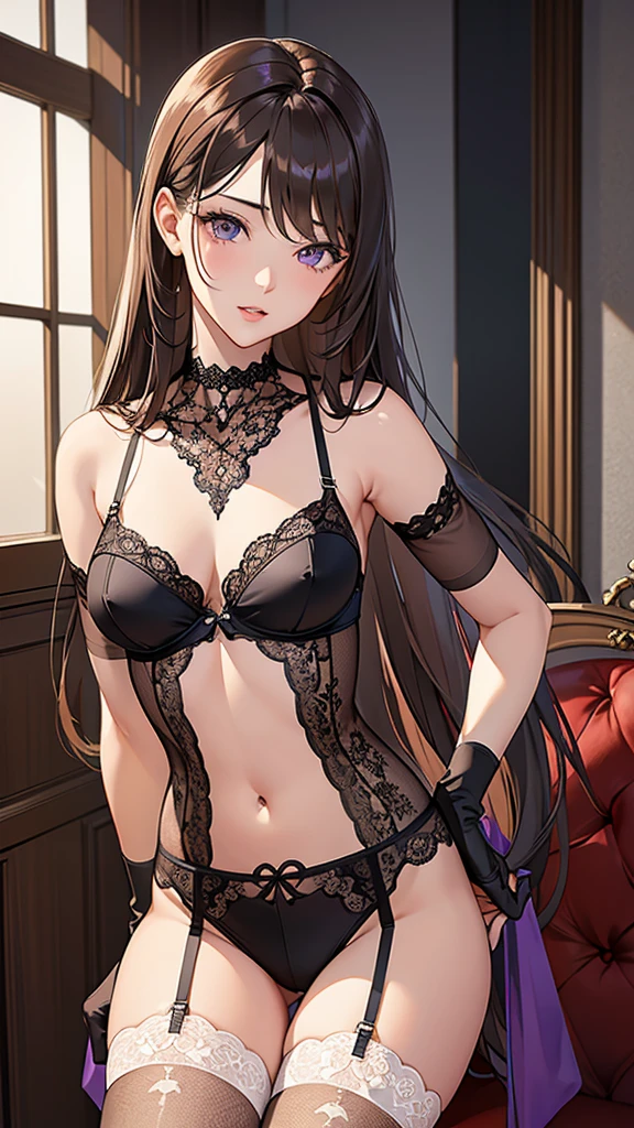 masterpiece,Ultra-high resolution、Highest quality、Sexy pose、Brown long hair:1.2, Detailed eyes, NSFW, look down、provoke、Tilt your head、Tsundere、Glossy lips、Purple Rouge、Small breasts、The body is slim、Narrow waist、Cowboy Shot、Black sheer lace bra and boy shorts、Sheer lace gloves、Sheer lace choker、garter belt、thighhighs
