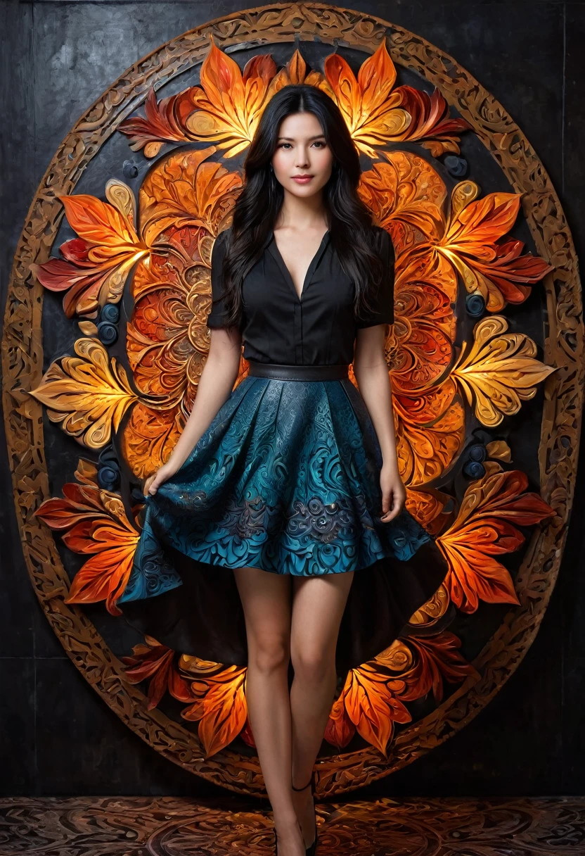 1girl, stunning 27 years old, official art, 8k wallpaper, full length, ultra detailed, beautiful and aesthetic, black hair, brown eyes, leather bust, skirt, A slight smile, masterpiece, best quality, realistic, extremely detailed, dynamic angle, (zentangle, mandala, tangle, tangle), the most beautiful form of chaos, elegant, brutalist design, vivid colors, romanticism, plasma flame