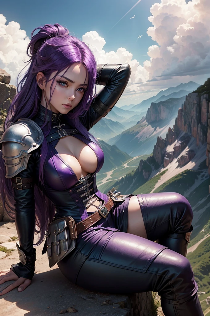 a one woman, purple hair, sitting on top of a very high mountain, cloudy sky, armour, little visible skin, long leather pants, pockets with knives, beautiful breasts, rays on the horizon, epic scene, solemn countenance, Fantasy world, birds flying, detailedeyes, beautifuleyes, Crisp look.