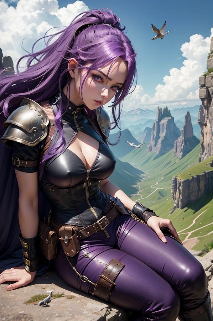 a one woman, purple hair, sitting on top of a very high mountain, cloudy sky, armour, little visible skin, long leather pants, pockets with knives, beautiful breasts, rays on the horizon, epic scene, solemn countenance, Fantasy world, birds flying, detailedeyes, beautifuleyes, Crisp look.