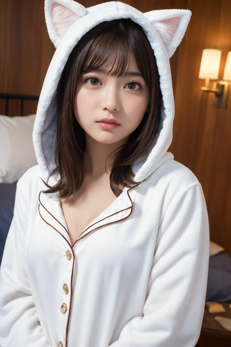 one girl, (a beauty girl, delicate girl:1.3), (Age 25:1.3),
break, (White fluffy kigurumi pajamas, Cat costume:1.2), (Upper Body:1.2),
break, Definition of very fine particles, (Symmetrical eyes:1.3),
break, (Bedroom:1.3),
break, Small breasts, Brown eyes, Parted bangs, Brown Hair, girl,
break, (Eye and facial details:1.0),
break, (masterpiece, Highest quality, Very detailed, Detailed face, 8K)、Upper Bodyは裸、Nipples sticking out