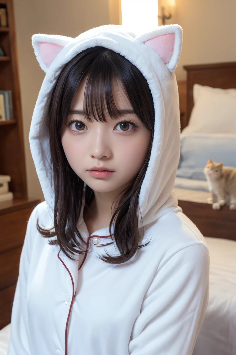 one girl, (a beauty girl, delicate girl:1.3), (Age 25:1.3),
break, (White fluffy kigurumi pajamas, Cat costume:1.2), (Upper Body:1.2),
break, Definition of very fine particles, (Symmetrical eyes:1.3),
break, (Bedroom:1.3),
break, Small breasts, Brown eyes, Parted bangs, Brown Hair, girl,
break, (Eye and facial details:1.0),
break, (masterpiece, Highest quality, Very detailed, Detailed face, 8K)、Upper Bodyは裸、Nipples sticking out