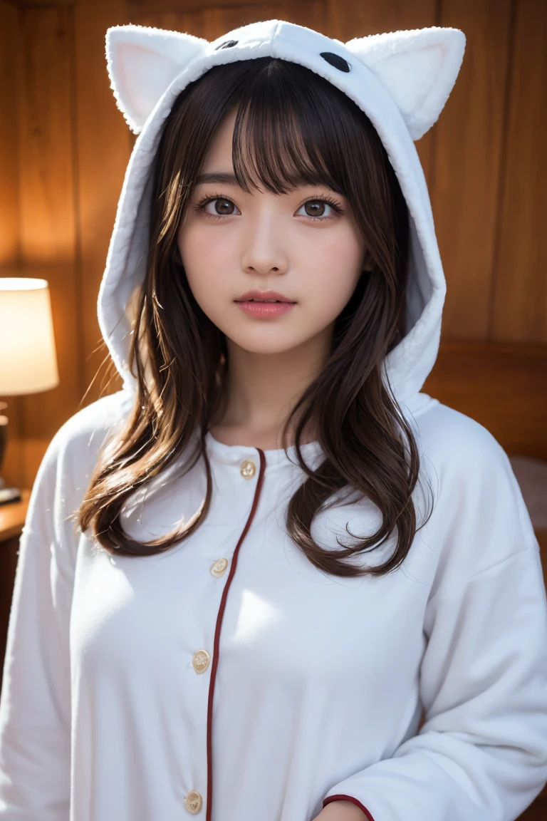 one girl, (a beauty girl, delicate girl:1.3), (Age 25:1.3),
break, (White fluffy kigurumi pajamas, Cat costume:1.2), (Upper Body:1.2),
break, Definition of very fine particles, (Symmetrical eyes:1.3),
break, (Bedroom:1.3),
break, Small breasts, Brown eyes, Parted bangs, Brown Hair, girl,
break, (Eye and facial details:1.0),
break, (masterpiece, Highest quality, Very detailed, Detailed face, 8K)、Upper Bodyは裸、Nipples sticking out