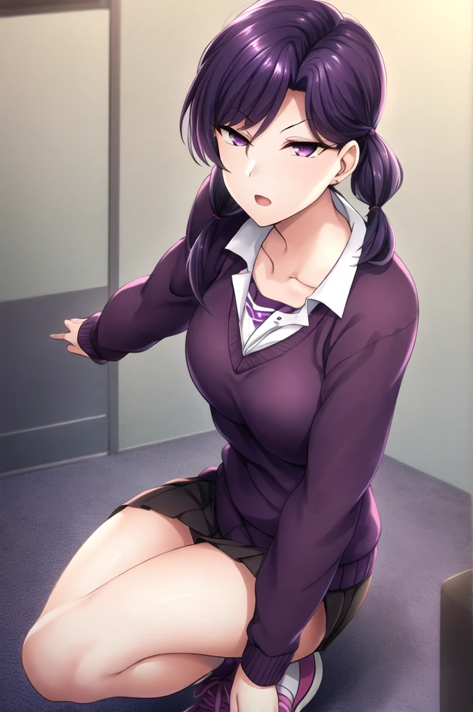 girl purple eyes, dark purple hair with pigtails on the sides, short purple sweater with an open waist, dark sportswear, purple sneakers