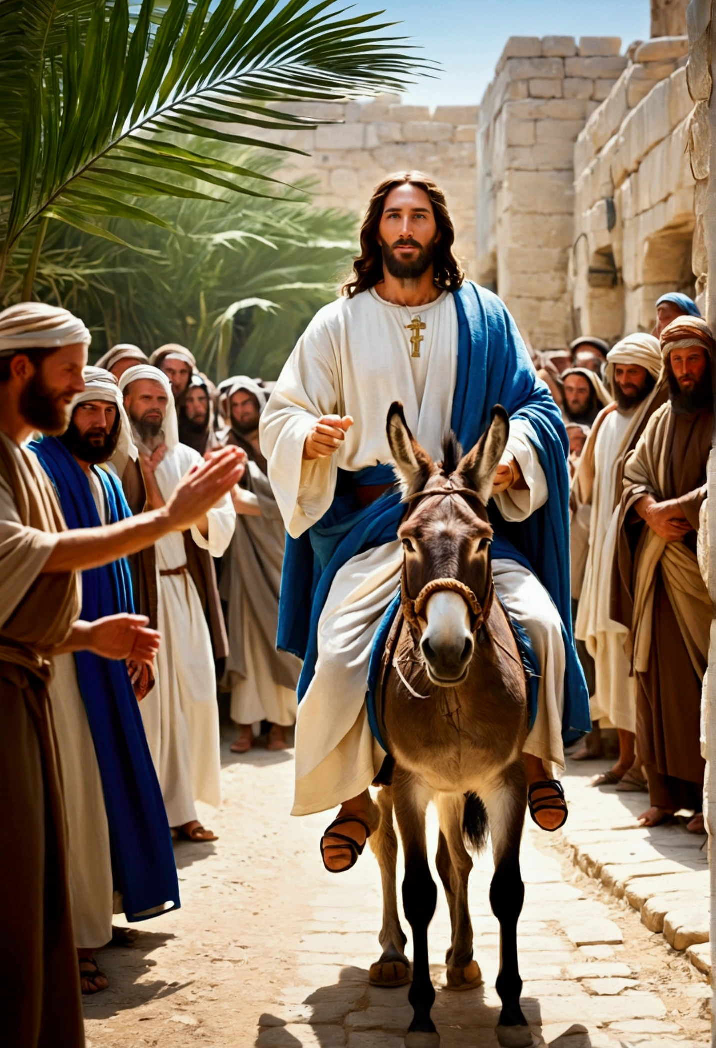 Jesus Christ is entering Jerusalem. Jesus is riding on a donkey. The crowd is applauding. There are palm leaves on the path. Jesus is wearing loose clothing typical of biblical times, with a blue belt.