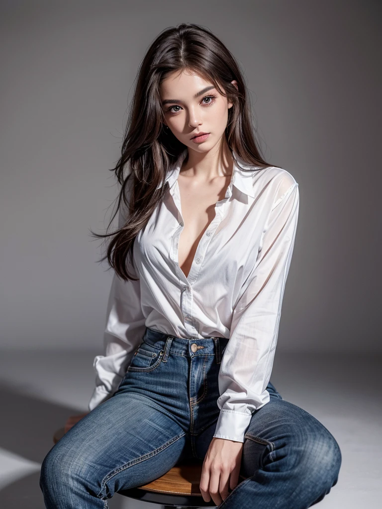 ((Highest quality, 8K, masterpiece :1.3)), Sharp focus :1.2, Beautiful woman with perfect figure :1.4, 1 Girl,Slim Abs :1.2, ((Dark brown hair,chest :1.2)), (White long formal shirt)(Unbutton your shirt.), Gray background:1.2, Highly detailed face and skin texture, fine grain, double eyelid,Beautiful Hands，Five Fingers,Fashion model posing,Full body portrait,Cowboy Shot,jeans,Cast a Shadow,Sitting on a chair,Binding one&#39;s arms with a rough rope、The rope bound her body.,((Tying over clothes,Put your arms behind your back, Suppressed, Rope bondage:1.4)),