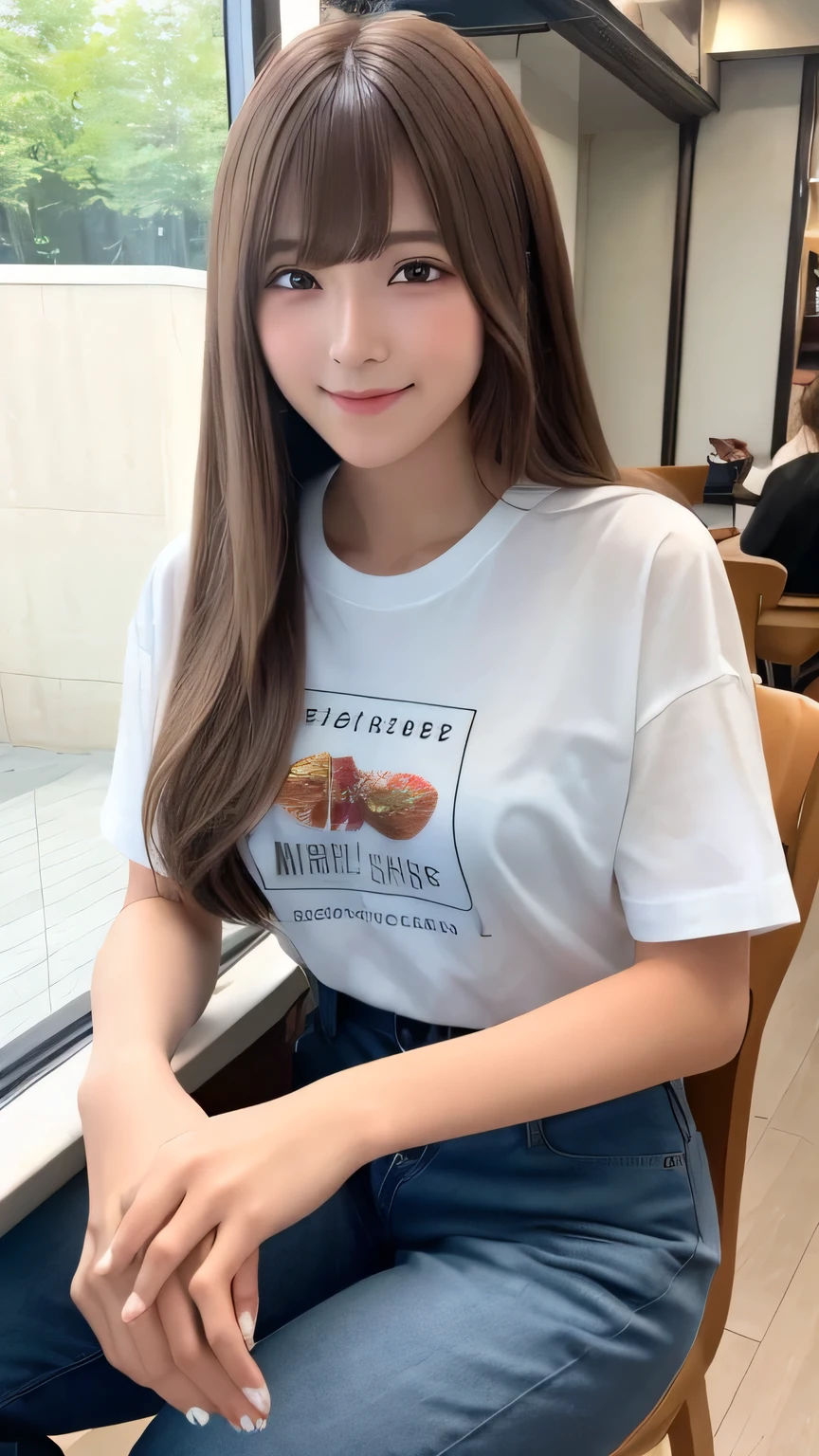 Product quality, One girl per photo, Cowboy Shot, Front view, Young and cute girl in Japan, Long Bob Hair, Wearing a wedding ring, Smiling man having breakfast in a crowded restaurant in London, Sitting in a chair, Wearing a short-sleeved T-shirt with a graphic print, Wearing light brown pants, Super cute face, Glossy Lips, Double eyelids on both eyes, Natural Makeup, shiny smooth light brown hair of Long Bob Hair, Asymmetrical bangs, Sunburned skin, Center image, 8K resolution, High detail, Detailed hairstyle, Detailed face, Cinema Lighting, Octane Rendering, Ultra-realistic, Perfect limbs, Perfect Anatomy