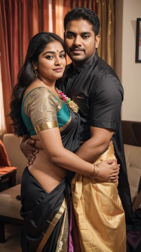 a 50-year-old shirtless man affectionately hugging and kissing aradiant, full-figured South Indian plus-sized 30 year old teacher wearing a black silky saree in dressing room, captured in a full-body image with vibrant hues and meticulous details. Full body image