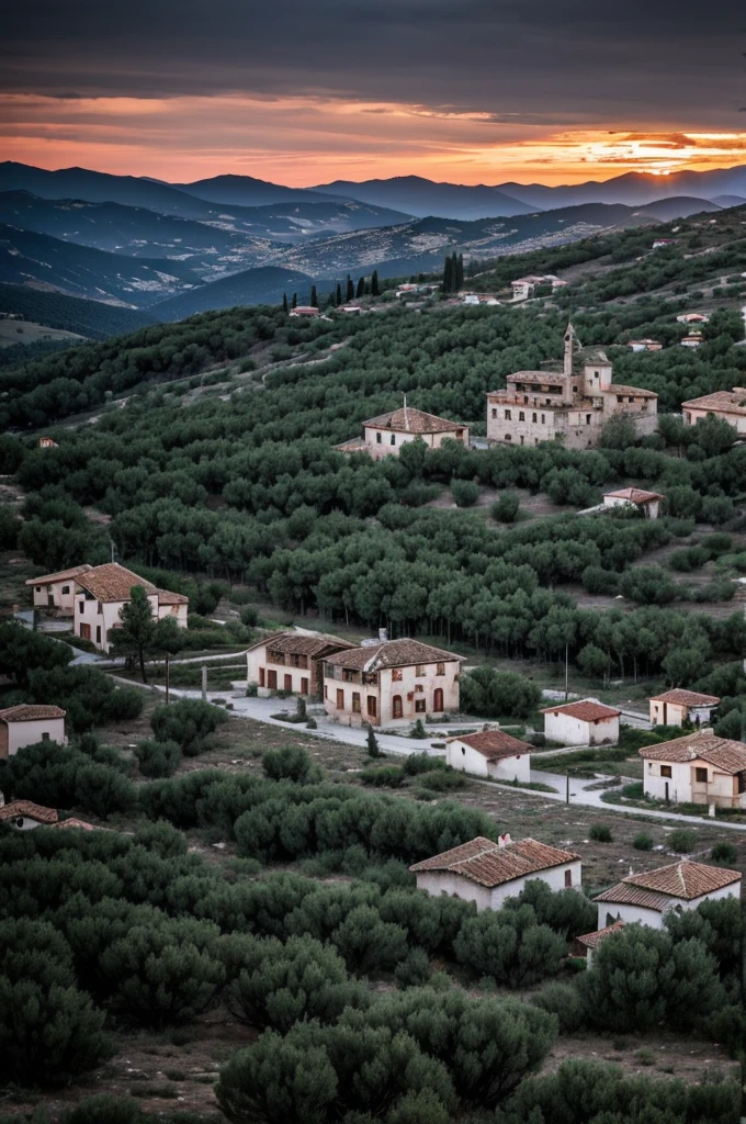 A small town in the Spanish mountains on a gloomy sunset, with an old and abandoned house on the edge of town, surrounded by trees and a disturbing atmosphere.