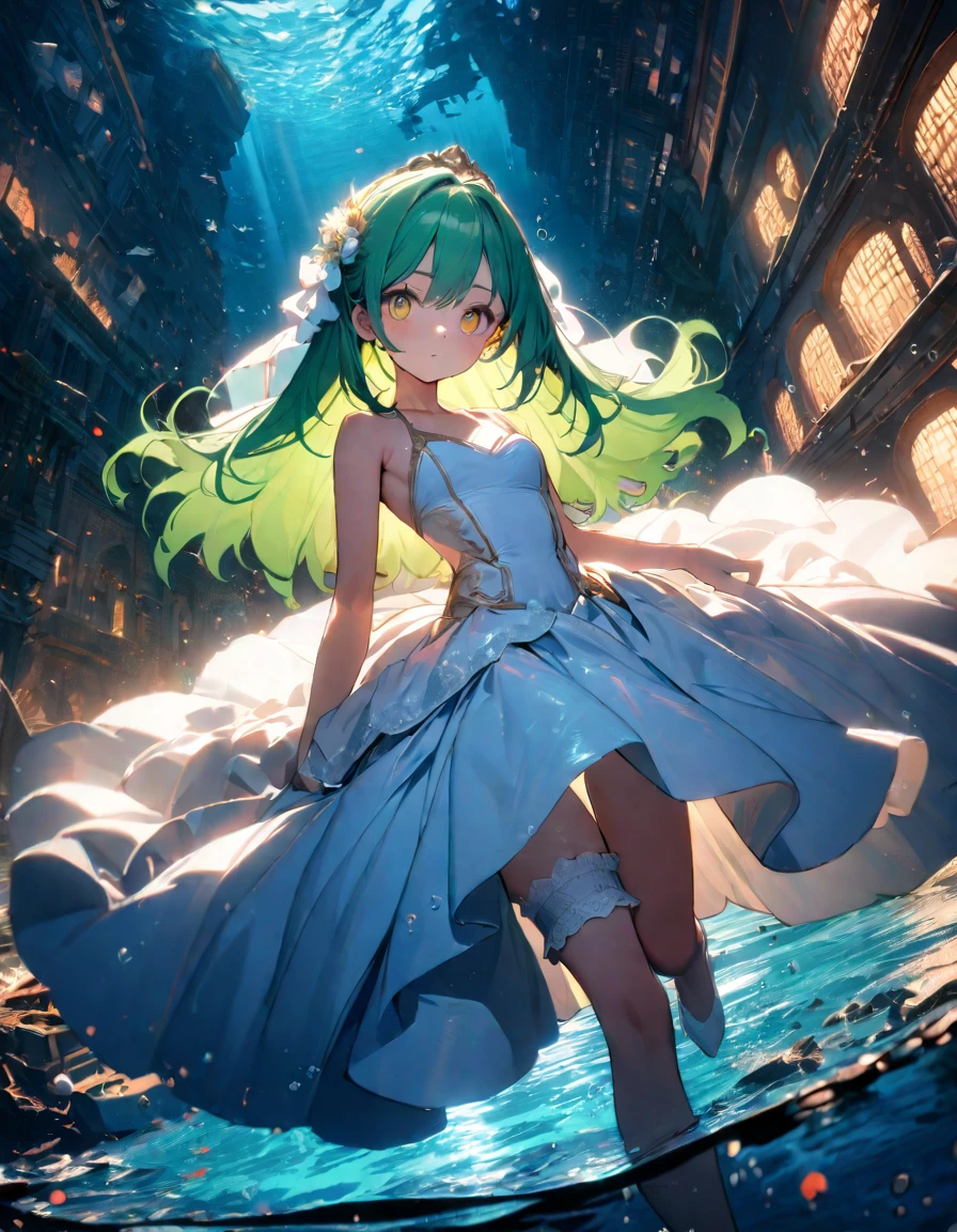 (8K, best quality, master piece: 1.2),super high resolution,1 girl,18yo,solo,ultra-detailed face,deep detailed eyes,gold eyes,(wedding dress,bikini:1.2),Bridal garter,green hair,green hair, long hair,(Butterfly stroke in clear sea),sunken ship,Cinema lighting,Wide Angle,underwater city