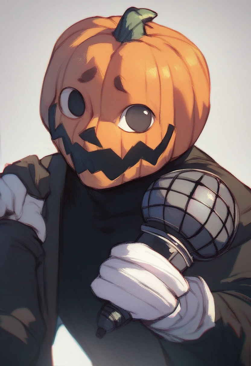 pump, solo, looking at viewer, smile, simple background, gloves, 1boy, upper body, male focus, solid oval eyes, black eyes, white pupils. pumpkin mask, black shirt, black pants, black pants, white gloves, microphone, holding microphone