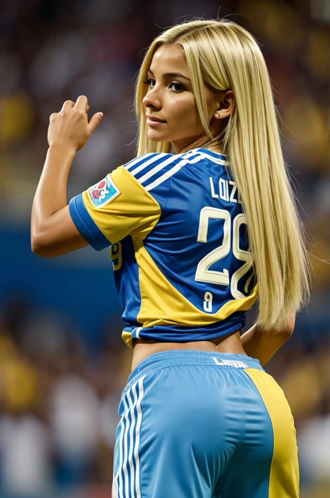 An animated blonde girl wearing a Colombian national team shirt with the name Luz and number 29 looks back