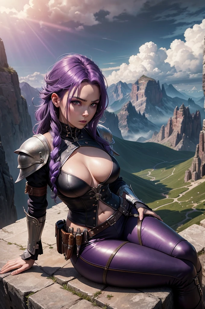 a one woman, purple hair, sitting on top of a very high mountain, cloudy sky, armour, little visible skin, long leather pants, pockets with knives, beautiful breasts, rays on the horizon, epic scene, solemn countenance, Fantasy world, birds flying, detailedeyes, beautifuleyes, Crisp look, gazing at the horizon.