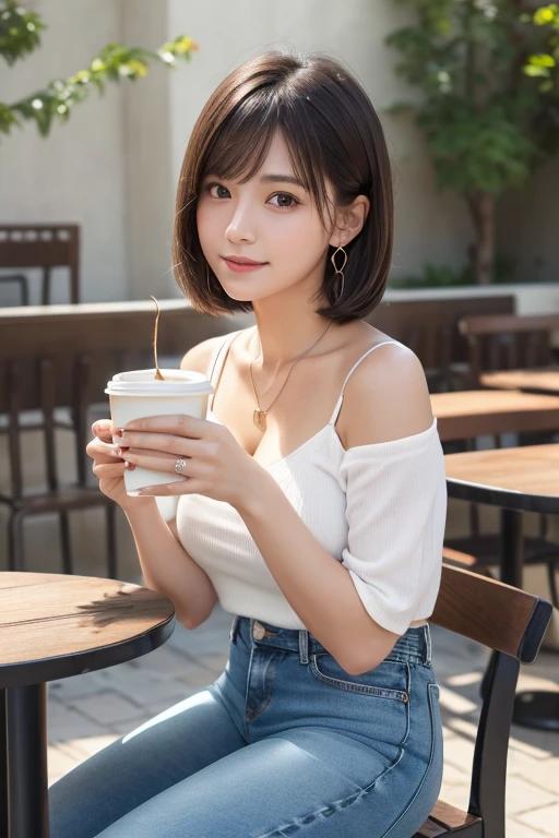 girl, White skin, ((Dark brown short tiered hair)), V cut with layers and bangs, Brown eyes, Soft atmosphere characteristics (Highest quality, Ultra-high resolution, 8K, RAW Photos, Ultra-high resolution: 1.2, masterpiece: 1.3), (Realistic, Realistic: 1.37), Very detailed, Professional Lighting, Photon Mapping, Radio City, 物理ベースレンダring, One Girl, (high school girl), Sharp focus:1.2、Beautiful woman:1.4,cute, Nice, Adorable smile, Normal chest, Cross Necklace、Earrings、ring,Selfie,(Cleavage)、((Dark brown short hair), (Cafe, Table seating, Loose-fitting clothing, White trainers, Denim pants, Coffee cup, Reading, Relaxed facial expression)