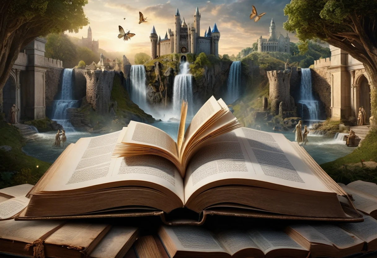 Hyperrealistic style of digital art, "Fairy Tale", a fantastic world coming out of a book in the center, an open book, a fantastic double-exposure illustration, a masterpiece, cinematic, against the background of an ancient castle with antique sculptures and a waterfall by Andreas Lee, Luke Graham, photorealism, illumination, magnificent light