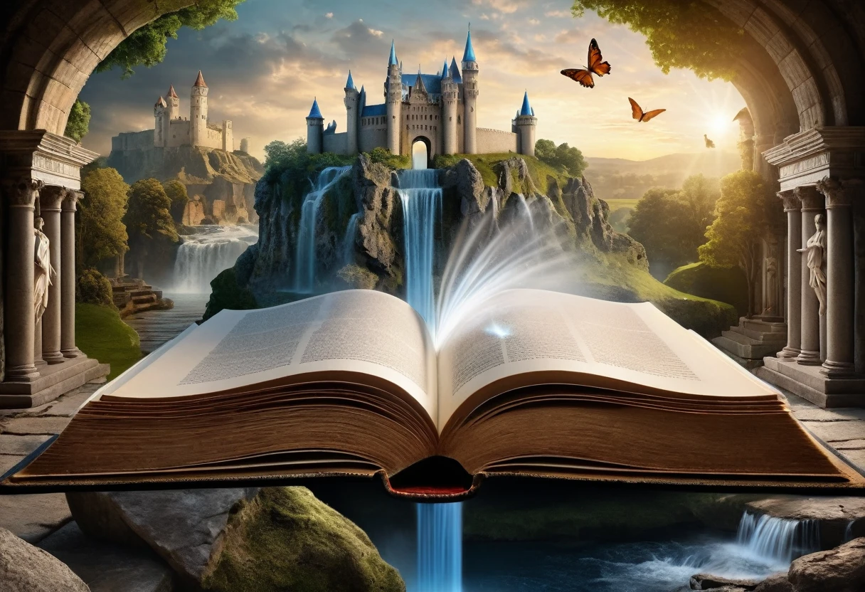 Hyperrealistic style of digital art, "Fairy Tale", a fantastic world coming out of a book in the center, an open book, a fantastic double-exposure illustration, a masterpiece, cinematic, against the background of an ancient castle with antique sculptures and a waterfall by Andreas Lee, Luke Graham, photorealism, illumination, magnificent light